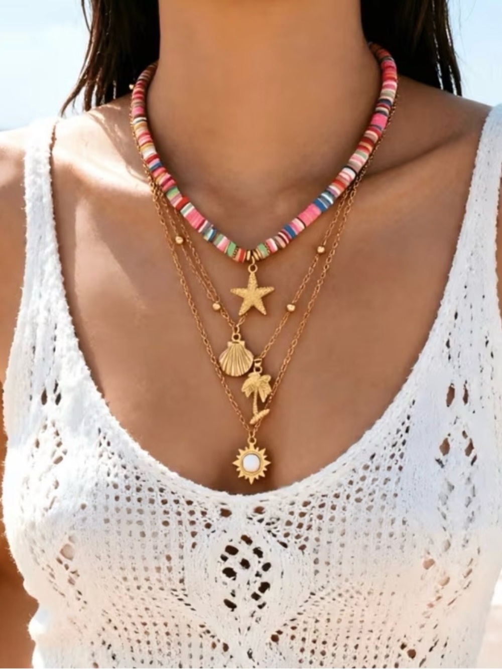Multicolor Beaded Choker with Gold Sea Charm Layered Necklace